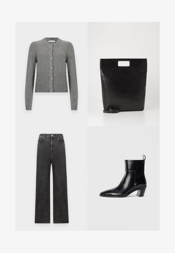 Sivi kardigan izrađen od pletene tkanine, s dugim rukavima, okruglim izrezom, zatvaranjem na dugmad i rebrastim detaljima, sa dva prednja dzepa.; Svijetlo ružičasta prugasta košulja s vertikalnim linijama u zelenoj i žutoj boji, zatvaranje na dugmad, i dugi rukavi s kontrastnim manžetama.; Široke crne traperice s visokim strukom, koje imaju prednje džepove, dugme za zatvaranje i malu izblijedjelost tkanine.; Crne kožne gležnjače s šiljastim vrhom, geometrijski složenim potplatom i omčom za povlačenje straga. Glatka tekstura i elegantan dizajn.; Crna kožna torba s kvadratnom drškom, s teksturiranim završetkom i utisnutim logotipom. Uključuje odvojivi remen.
