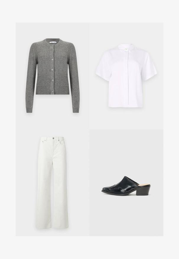 Šedý svetr vyrobený z pletené látky, s dlouhými rukávy, kulatým výstřihem, zapínáním na knoflíky a žebrovanými detaily, obsahujícími dva přední kapsy.; Bílá košile s krátkým rukávem vyrobená z hladké látky, s špičatým límcem a knoflíkovou légou se zeleným akcentovaným knoflíkem.; Samsøe Samsøe SHELLY - Džíny Relaxed Fit - clear cream; Černé lakované muly s špičatou špičkou, zakřiveným designem a nízkým blokovým podpatkem, který má dekorativní prošívání na svršku.