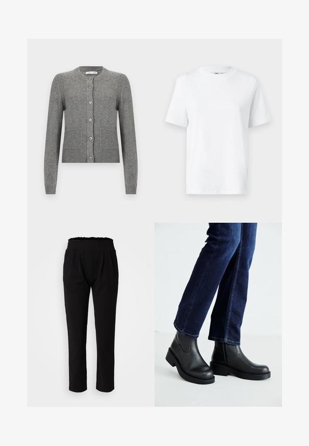 Cardigan gri, realizat dintr-un material tricotat, având mâneci lungi, guler rotund, închidere cu nasturi și accente cu model de jgheab, dotat cu două buzunare frontale.; Tricou alb din bumbac, cu guler rotund, cu mâneci scurte și o textură netedă. Proiectat cu o croială lejeră pentru confort și versatilitate.; Pantaloni negri, cu talie înaltă, având un tiv ondulat, realizati dintr-un material elastic și neted, cu siluetă dreaptă. Fără modele vizibile.; Bocanci negri din piele cu tălpi groase și panouri elastice pe laterale, asortați cu blugi de culoare bleumarin. Solul este de culoare deschisă.