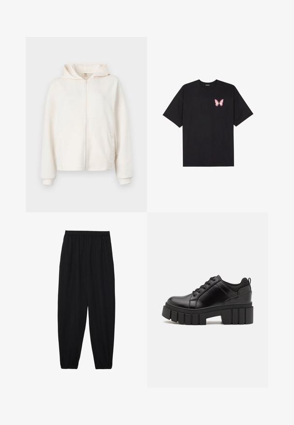 Crème zip-up hoodie gemaakt van zachte stof, met een front pocket, ribgebreide manchetten en een logo-detail op de borst.; Zwarte katoenen t-shirt met korte mouwen, voorzien van een kleine roze vlinder graphic op de linkerkant van de borst. Crew neck ontwerp met een relaxte fit.; Zwarte, lichte broek met een elastische tailleband en gathered enkels. De stof is glad en heeft een ontspannen, taps toelopend ontwerp.; Zwarte leren platform schoenen met een stevige blokhak, ronde neus en een traditionele vetersluiting. Kenmerkt zich door een gladde textuur en minimale details.