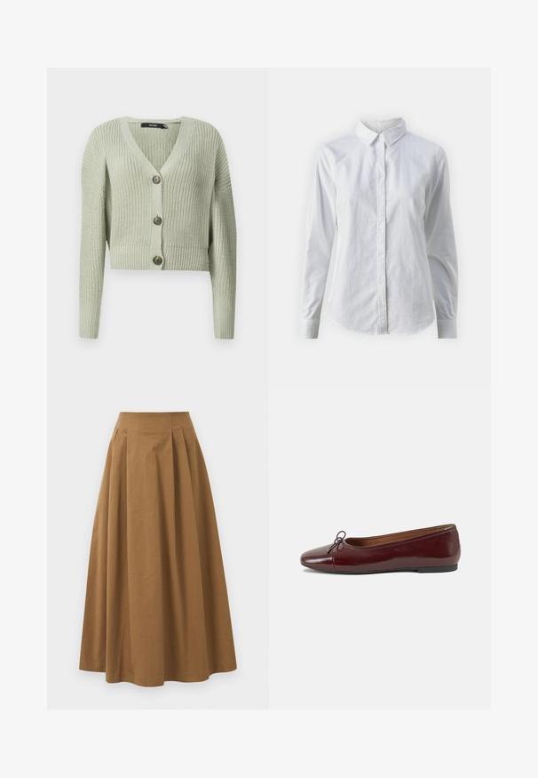 Strickjacke in Hellgrün, mit V-Ausschnitt, verkürztem Design und drei großen Knöpfen vorne. Weiche Textur mit Rippenmuster.; Weißes Hemd mit Knöpfen, aus glattem Baumwollstoff, mit klassischem Kragen, langen Ärmeln und abgerundetem Saum. Die Knöpfe sind klein und weiß.; Brauner Baumwoll-A-Linien-Rock mit hoher Taille, der vorne Falten aufweist und eine glatte Textur hat. Der Saum ist sauber und einfach verarbeitet.; Burgunderfarbenes, lackiertes Ballettschuh mit abgerundetem Zehenbereich, kleiner Schleifenakzent vorne und einer niedrigen, schwarzen Gummisohle. Glatte Textur.