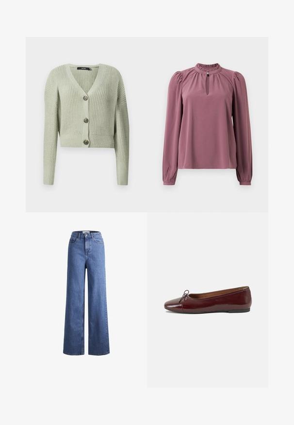 Pletený kardigan vo svetlozelenej farbe, so špicatým výstrihom, skráteným strihom a tromi veľkými gombíkmi vpredu. Mäkka textúra s ryhovaným vzorom.; Dlhý rukáv mauve blúzka s naťahovacím golierom, výstrihom v tvare kľúčovej dierky so zapínaním na gombík a mierne nariasenými ramenami.; Svetlomodré deninové nohavice s širokými nohavicami a vysokým pásom, dve predné vrecká a viditeľné švy. Obsahuje tiež uzatváranie na gombík a zips.; Burgundské lakované balerínky s okrúhlou špičkou, malou mašľou na prednej strane a nízkou čiernou gumovou podrážkou. Hladký povrch.