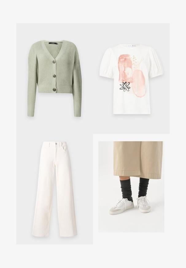Cardigan lavorato a maglia di colore verde chiaro, con scollatura a V, design corto e tre grandi bottoni sul davanti. Texture morbida con motivo a costine.; Maglietta bianca a maniche corte con spalle a sbuffo, caratterizzata da motivi astratti rosa e oro e un design di fiori neri sul davanti.; Jeans a gamba larga realizzati in denim bianco sporco, caratterizzati da una chiusura frontale con bottone, due tasche laterali e linee pulite senza decorazioni.; Sneaker bianchi e grigi con un accento nero sul tallone, caratterizzati da una parte superiore in pelle liscia e una punta in suede testurizzato. Indossati con calzini scuri grigi a sbuffo.