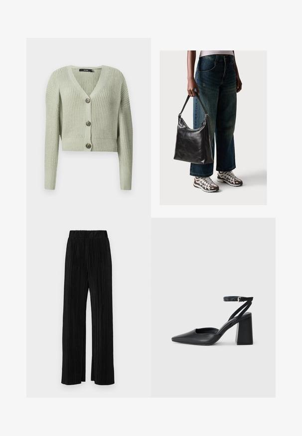 Cardigan en tricot de couleur vert clair, avec un col en V, un design court et trois grands boutons à l'avant. Texture douce avec un motif côtelé.; Haut sans manches blanc avec un col rond. Fabriqué en tissu lisse, il présente une coupe décontractée et un design minimaliste. Pas de motifs ni d'accents.; Pantalons plissés noirs avec une taille élastique. Présente des jambes larges et un tissu lisse texturé avec des rayures verticales.; Escarpin noir en cuir à bout pointu avec une bride de cheville et un talon épais. Texture lisse, design élégant et esthétique minimaliste.; Sac à bandoulière en cuir noir avec une texture lisse et une bandoulière réglable, associé à un jean ample décoloré et des baskets de sport.