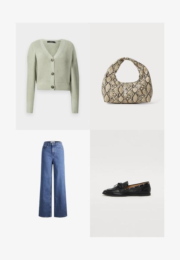 Knit cardigan in light green, featuring a V-neck, cropped design, and three large buttons on the front. Soft texture with ribbed pattern.; Grey cotton T-shirt featuring a classic crew neck, short sleeves, and a smooth texture, suitable for casual wear.; Light blue denim wide-leg jeans with a high waist, two front pockets, and visible stitching. Features a button and zipper closure.; Black leather loafers with a tied bow, featuring gold eyelet accents along the sides and a flat rubber sole. Smooth texture, classic design.; Snake-print handbag with a curved handle. Made from textured, beige and brown materials, featuring a distinctive diamond pattern.