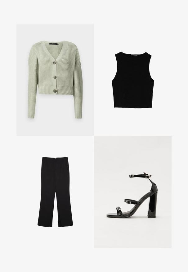 Pletený cardigan v světle zelené barvě, s výstřihem do V, zkráceným střihem a třemi velkými knoflíky na přední straně. Měkká textura s žebrovaným vzorem.; Černý bezsleeve crop top vyrobený z hladké tkaniny, s kulatým výstřihem a čistým, jednoduchým designem bez vzorů nebo kovových doplňků.; Černé kalhoty s rovným střihem, s předními kapsami a bočními rozparky na lemu. Vyrobené z jemné, hladké tkaniny. Vhodné na různé příležitosti.; Černé lakované sandály na podpatku se čtveratou špičkou, lýtkovými pásky a stříbrnými přezkami. Disponují masivním blokovým podpatkem pro stabilitu.