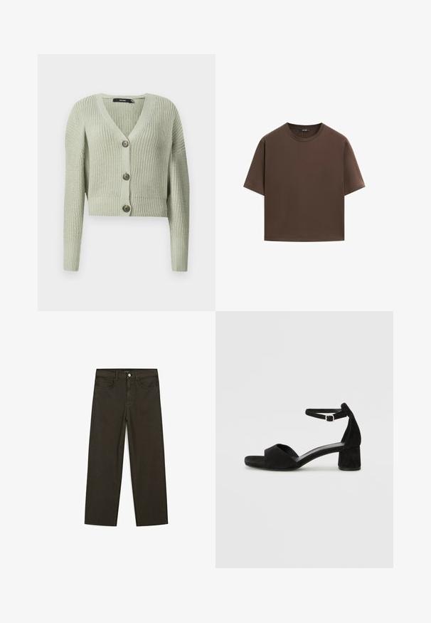Gebreide cardigan in lichtgroen, met een V-hals, cropped ontwerp en drie grote knopen aan de voorkant. Zachte textuur met een ribbelpatroon.; Bruine katoenen t-shirt, korte mouwen, ronde hals, relaxte pasvorm, gladde textuur, minimalistisch ontwerp, geen zichtbare patronen of accenten.; Donkergroene wijde jeans van een katoenmix, met een sluiting met een voorste knop, vijf zakken en klassieke denimstiksels.; Zwarte suede hakken met een dunne enkelband, open teen ontwerp en een bescheiden blokhak. Zachte textuur en minimale accenten.