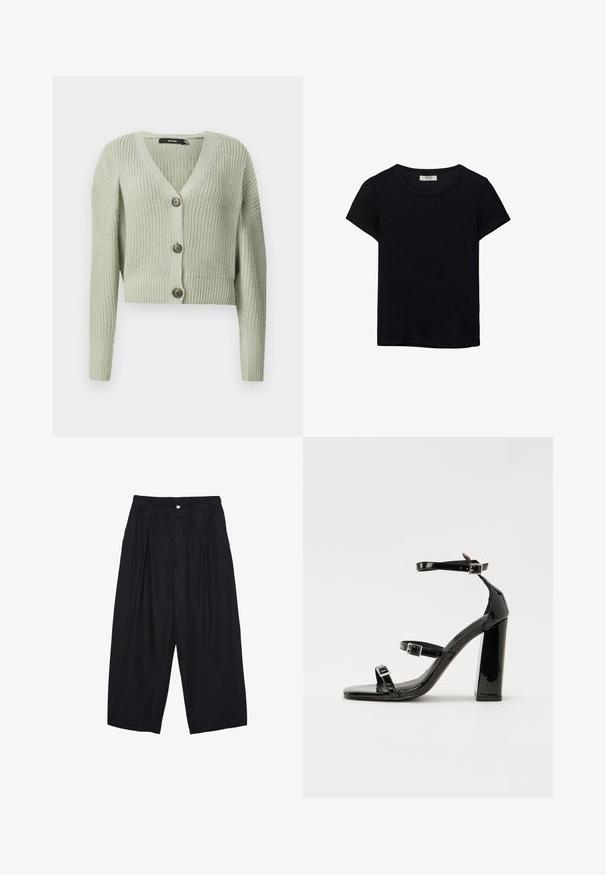 Sweter kardigan w jasnozielonym kolorze, z dekoltem w kształcie litery V, skróconym fasonem oraz trzema dużymi guzikami z przodu. Miękka tekstura z prążkowanym wzorem.; Czarna koszulka z krótkim rękawem, wykonana z miękkiego materiału. Posiada klasyczny okrągły dekolt i luźny krój. Brak widocznych wzorów lub akcentów.; Czarne spodnie culotte z poliestru z elastycznym pasem, dwoma fałdami z przodu i luźnym krojem. Brak widocznych wzorów lub elementów metalowych.; Czarne lakierowane sandały na obcasie z kwadratowym noskiem, z paskami wokół kostki i srebrnymi klamrami. Posiadają masywny słupek dla stabilności.