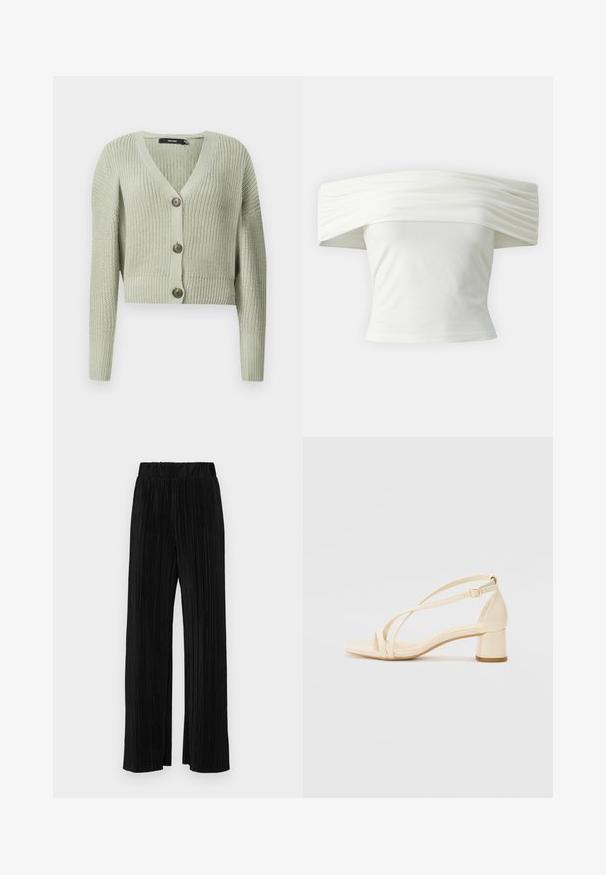 Cardigan lavorato a maglia di colore verde chiaro, con scollatura a V, design corto e tre grandi bottoni sul davanti. Texture morbida con motivo a costine.; Top bianco off-the-shoulder con scollatura plissettata e strutturata e corpino aderente. Realizzato in tessuto morbido con una consistenza liscia.; Pantaloni neri a plissé con vita elasticizzata. Presentano gamba ampia e un tessuto liscio e texture con strisce verticali.; Sandali con tacco beige a blocco, design con cinturini, e cinturino alla caviglia regolabile, realizzati in materiale sintetico liscio con finitura opaca.