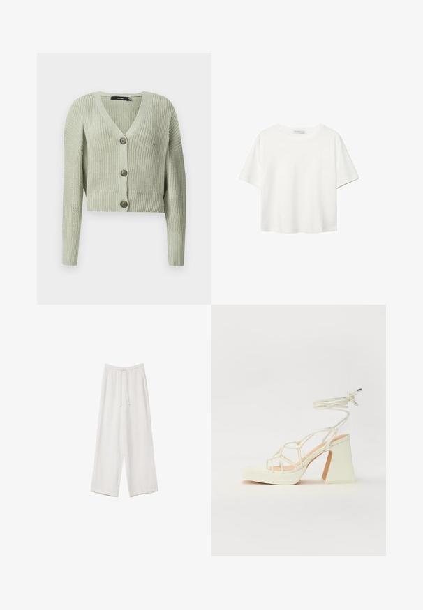 Pleteni kardigan v svetlo zeleni barvi, z V-izrezom, kratkim dizajnom in tremi velikimi gumbi na sprednji strani. Mehak material z rebrastim vzorcem.; Bela kratka majica s kratkimi rokavi iz bombaža. Ima okroglo izrezovanje in sproščen kroj. Gladka tekstura brez vidnih vzorcev ali poudarkov.; Bele široke hlače iz lahkega materiala. Imajo elastičen pas s vrvico in stranske žepe. Gladka tekstura.; Bela sandala na visokih petah s debelim petam, ki ima obliko trakcev in vezanje okoli gležnja. Gladka tekstura z platformo spredaj za dodatno višino.