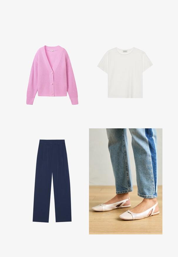 TOM TAILOR DENIM V NECK CARDIGAN - Vest - soft summer pink; Witte T-shirt met korte mouwen, gemaakt van zachte katoen. Heeft een ronde halslijn en een relaxte pasvorm. Schoon ontwerp zonder zichtbare patronen of accenten.; Navyblauwe wijde broek van zachte stof, voorzien van voorplooien, een gladde textuur en een rechte pasvorm zonder zichtbare zakken.; Zachtroze slingback ballerina's met een spitse neus, gemaakt van een glad leerachtig materiaal. Bevat uitsnijdingen aan de zijkanten en heeft een platte hak.