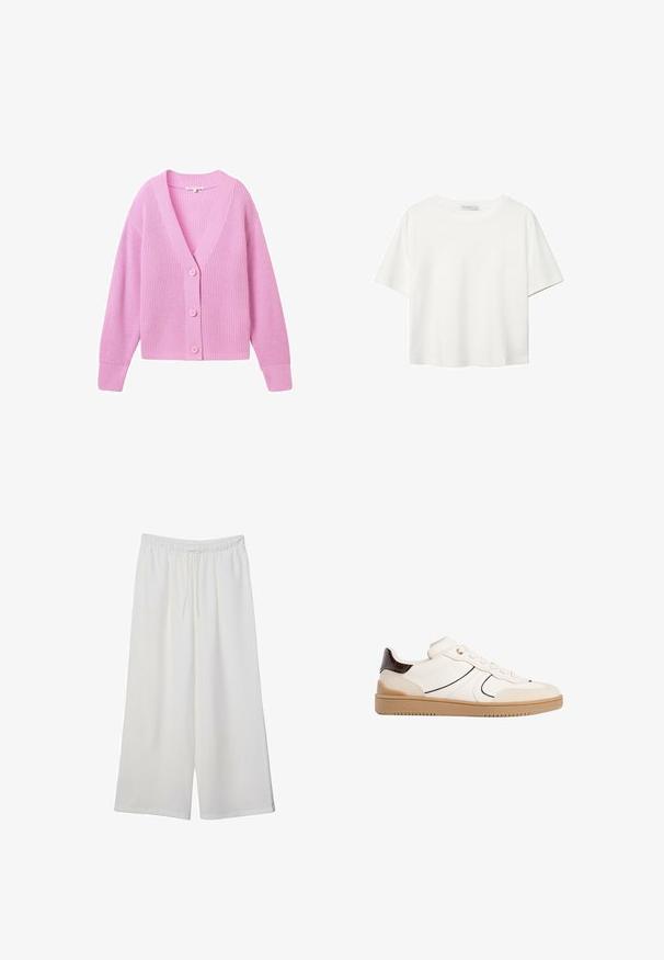TOM TAILOR DENIM V NECK CARDIGAN - Kofta - soft summer pink; Vit t-shirt med kort ärm i bomull. Har en rundad halsringning och en avslappnad passform. Slät textur utan synliga mönster eller detaljer.; Vita vida byxor i lätt tyg med elastisk midja och dragsko för justerbar passform. Mjuk textur.; Stradivarius Sneakers - white