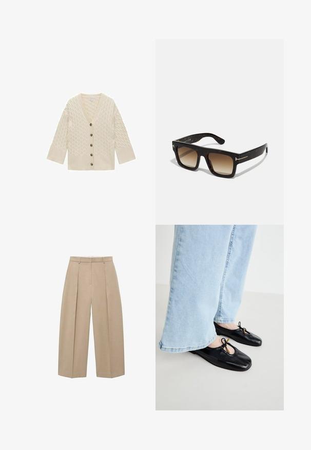 Helle beige Strickjacke mit V-Ausschnitt, gerippten Bündchen und fünf großen braunen Knöpfen. Besitzt ein strukturiertes Zopfmuster.; Hellblaues Button-Down-Hemd aus Baumwolle mit langen Ärmeln, spitzem Kragen und kleinem gesticktem Logo auf der linken Brust.; Beige, weit geschnittene Hosen hängen vertikal, mit vorderen Falten und einem flachen Bund, der einen neutralen und eleganten Stil zur Schau stellt.; Schwarze Leder-Ballettschuhe mit runder Zehenpartie, die mit einem Ausschnitt und einer Schleifendetail versehen sind, getragen mit hellblauen weit geschnittenen Jeans.; Schildpatt-Sonnenbrille mit quadratischem Rahmen, braunen verlaufenden Gläsern und subtilen goldfarbenen Hardware-Details an den Bügeln.