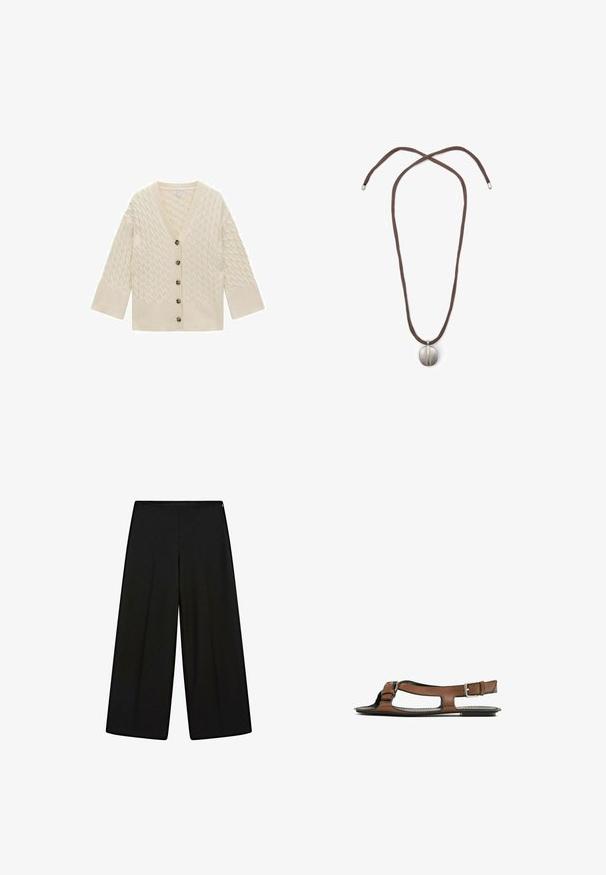 Jasno beżowy sweter dzianinowy z dekoltem w serek, prążkowanymi mankietami i pięcioma dużymi brązowymi guzikami. Posiada fakturowany wzór w warkocze.; Czarna, krótka koszulka z okrągłym dekoltem i prostym dołem, wyeksponowana na płasko na białym tle.; Czarne, szerokie spodnie z miękkiego materiału, z wysokim stanem i plisami, o gładkiej fakturze i bez widocznych ozdób.; Brązowe skórzane sandały z otwartym palcem i wycięciami po bokach. Posiadają pasek na kostkę z metalową klamrą oraz płaską podeszwę.; Naszyjnik z brązowym sznurkiem i srebrnym owalnym zawieszeniem. Zawieszenie ma gładką powierzchnię i lekkie wcięcie na środku.