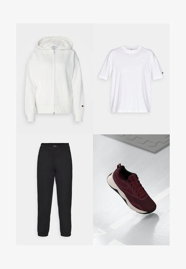 Bijela zip majica napravljena od mekanog materijala, s kapuljačom, rebrastim manžetama i malim logom na lijevoj rukavu. Glatka tekstura s ležernim krojem.; Bijela pamučna majica s okruglim izrezom, kratkim rukavima i malim logom na lijevoj strani prsa. Ima opušteni kroj i jednobojna je.; Champion C-TECH CUFFED PANTS INTERLOCK - Donji dijelovi trenirke - black; Bordo atletska cipela s mrežastim gornjim dijelom, crnim akcentima i podloženim bijelim potplatom. Ima sustav vezanja i pomoćnu petlju na peti.