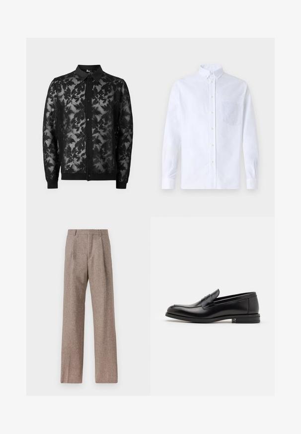 Musta pitsineule takki, jossa on kukkakuosi, napitettava etuosaa ja yksivärinen musta kaulus ja hihansuut. Kevyt, läpikuultava materiaali.; Valkoinen pitkähihaista napillista paitaa, joka on valmistettu puuvillasta. Paita sisältää rinnan kohdalla taskun, jossa on samaa sävyä oleva brodeeraus, kauluksen sekä napilliset hihansuut.; Ruskejat, korkeavyötäröiset housut, jotka on valmistettu teksturoidusta kankaasta. Ominaisuuksina ovat leveät lahkeet ja kaksi etupuolelle ommeltua laskosta rakenteen tukemiseksi. Siisti viimeistely ilman näkyvää metalliosaa.; Mustat nahkakengät, joissa on sileä pinta, pyöreä kärki ja koristeellinen nauha jalkapöydän yli. Matala pinoitu koroke, minimalistinen muotoilu.