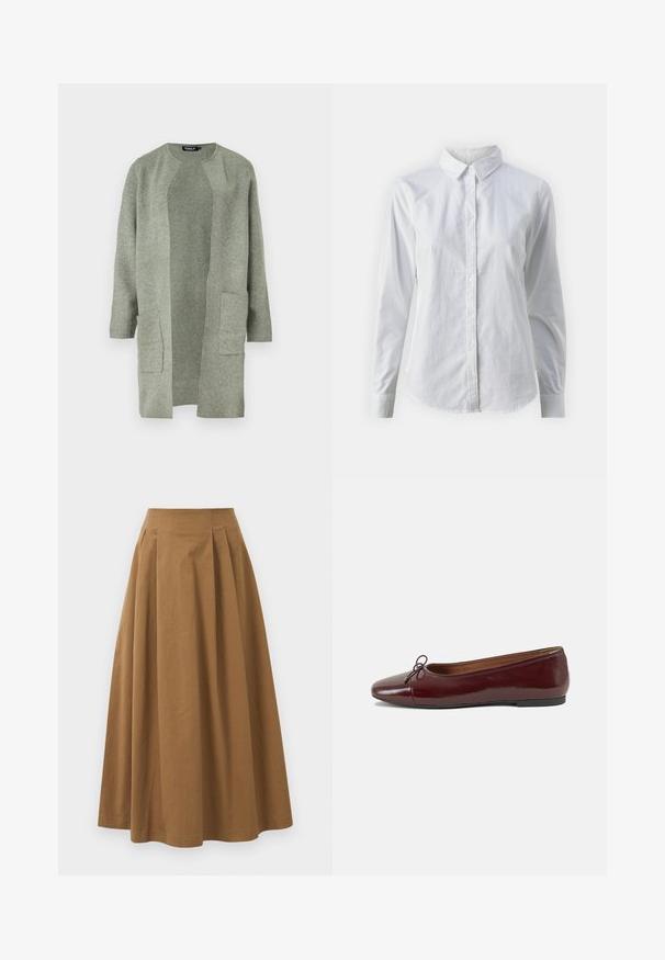 Cardigã verde claro feito de um tecido de malha suave, com decote redondo, frente aberta e duas bolsos frontais. Mangas longas, corte solto.; Camisa branca de botão feita de algodão suave, com colarinho clássico, mangas longas e bainha curva. Os botões são pequenos e brancos.; Saia A-line de algodão castanho com cintura alta, apresentando pregas na parte da frente e uma textura suave. As bordas da bainha são limpas e simples.; Bailarinas em couro sintético borgonha com bico redondo, pequeno laço na frente e sola baixa em borracha preta. Textura suave.