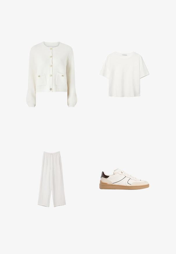 Bílé, huňaté pletené kardigán s kulatým výstřihem, předními knoflíky a dvěma našitými kapsami. Má žebrované manžety a lem.; Bílý krátký rukáv tričko vyrobené z bavlny. Má kulatý výstřih a volný střih. Hladký materiál bez viditelných vzorů nebo akcentů.; Bílé široké kalhoty vyrobené z lehké tkaniny. Mají elastický pas se šňůrkou a boční kapsy. Hladká textura.; Stradivarius Tenisky - white