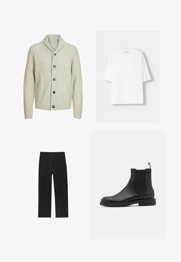 Jack & Jones CRAIG SHAWL NECK - Jopica - white melange; Bela kratka majica s kratkimi rokavi iz bombaža, s krožnim izrezom in sproščenim krojem. Gladka tekstura, brez vidnih vzorcev ali poudarkov.; Črne hlače z ravnim krojem, narejene iz gladkega materiala. Imajo sprednje gube in enojno zaponko na pasu.; Črne usnjene gležnjarje z gladko teksturo, elastičnimi stranskimi paneli in zanko za obuvanje. Okrogel prst in raven gumijast podplat z minimalnim profilom.