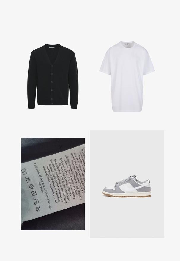 Čierny kardigán z mäkkej pleteniny, s výstrihom do V, dlhými rukávmi a šiestimi prednými gombíkmi. Hladké manžety a lem.; Biela bavlnená tričko s krátkymi rukávmi, okrúhlym výstrihom, uvoľneným strihom a žiadnymi viditeľnými logami alebo vzormi. Hladká textúra a minimálny dizajn.; Štítok s viacjazyčným textom, symbolmi starostlivosti a ikonami recyklácie, vytlačený na jemnom textilnom materiáli svetlej farby.; Tenisky Nike majú sivý zvršok z semišu a bielu kožu s perforáciami, okrúhle šnúrky a gumovú podrážku pre lepšiu trakciu.