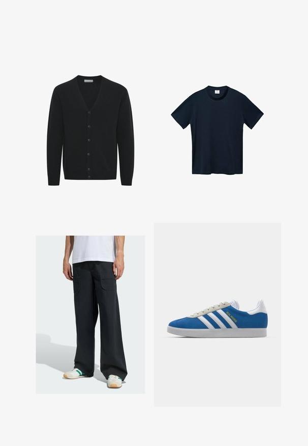 Zwarte cardigan van zachte gebreide stof, met een V-hals, lange mouwen en zes knopen aan de voorkant. Geribde manchetten en onderrand.; Navyblauwe korte mouwen t-shirt van zachte katoen, met een ronde halslijn en een rechte, schone zoom zonder zichtbare patronen.; Man met wijde zwarte cargo broek met klepzakken en witte sneakers met groene strepen, staand tegen een effen achtergrond.; adidas Originals ADIDAS GAZELLE SHOES - Zaalvoetbalschoenen - real madrid/bluebird/footwear white/crew yellow