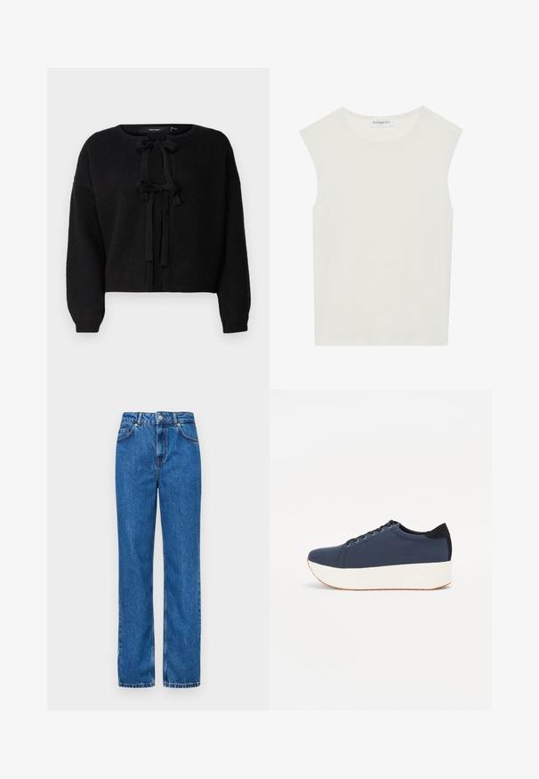 Vero Moda O NECK - Kardigán - black; Fehér ujjatlan felső, kerek nyakkivágással. Simább anyagból készült, laza fazonnal és minimalista kialakítással rendelkezik. Nincsenek minták vagy díszítések.; Kék farmernadrág magas derekú fazonban, egyenes lábszámmal, fehér varrási részletekkel és klasszikus gombos záródással a deréknál.; Sötétkék sportcipő, texturált szövet felsőrész, fehér platform talp, lekerekített orr és fekete sarok akcentussal. Hat fűzőlyuk található rajta.
