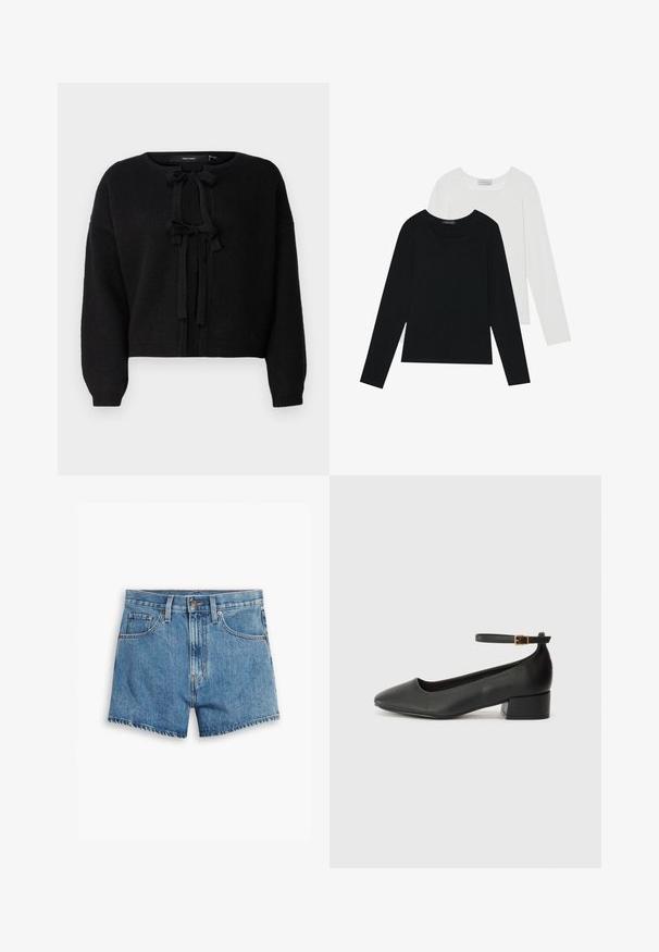 Vero Moda O NECK - Cardigan - black; Două bluze cu mânecă lungă, una neagră și una albă, ambele având un guler pătrat și fiind confecționate dintr-un material moale și elastic.; Șorturi din denim de culoare albastră deschisă, cu cinci buzunare, fermoar și închidere cu bătaie. Marginile sunt desfăcute, având un design confortabil.; Pantof cu toc negru din piele, cu vârf ascuțit și toc mic pătrat. Dispune de o curea la gleznă cu o cataramă în tonuri de aur. Textură netedă.