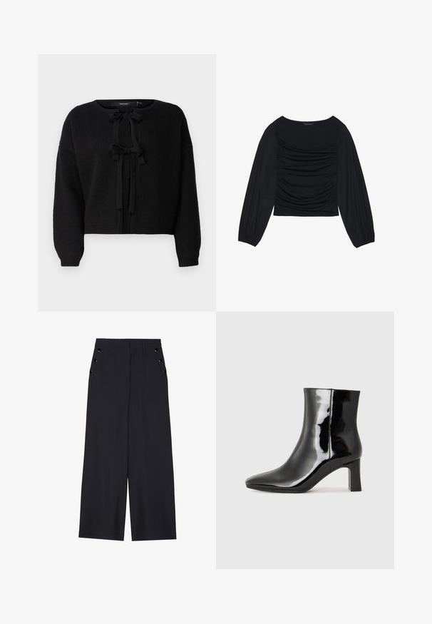 Vero Moda O NECK - Jopica - black; Črn top z dolgimi rokavi, ki se ponaša z nabranimi detajli na sprednji strani in zapestjih. Narejen je iz mehkega, raztegljivega materiala z obliko čolnastega izreza.; Široke hlače iz temno modrega materiala, z gladko teksturo, sprednjimi gubami in dekorativnimi zlatimi kopčami na stranskih žepih.; Črne lakirane gležnjarje z ošiljenim nosom in srednje visokim blokastim peto. Gladka tekstura in minimalističen dizajn.
