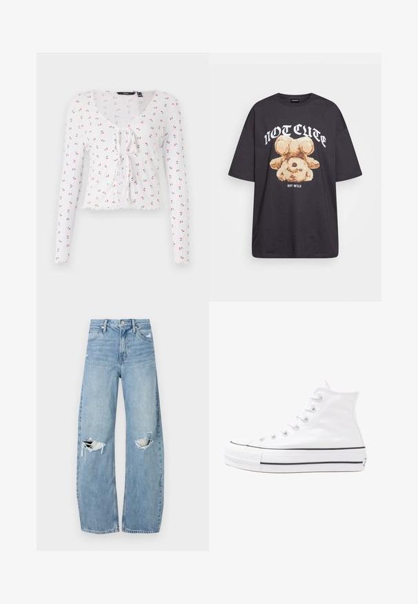 Vit långärmad topp med V-ringning, frammontage med knyt och ett mönster av små röda körsbär med gröna blad. Flikig nederkant.; Svart oversized t-shirt med en grafik av en björn och texten "INTE SÖT MEN VILD" i fet, vit lettering. Tillverkad av bomull.; Ljusblå, högmidjade jeans i denim. Har vida ben, två slitna knäområden och klassisk femfickedesign.; Vit hög topp canvas sneaker med svart gummisulan, framsidan gummitåhätta och sex öglor för snören, med en ren, minimalistisk design.