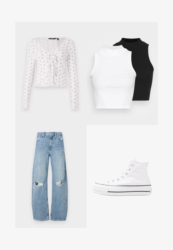 Balta blūze ar garām piedurknēm, kurai ir V veida kakla izgriezums, priekšējais sasiešanas elements un mazu sarkano ķiršu ar zaļām lapām raksts. Viļņota apakšmala.; Divi bez piedurknēm riboti turtleneck topi melnā un baltā krāsā, ar pieguļošu dizainu un gludu faktūru, ar īsu garumu.; Gaiši zili, augstās vidukļa džinsi, kas izgatavoti no denima. Iespējas plašas kājas, divas plēstas ceļa daļas un klasiskā piecu kabatu dizains.; Balti augstie kanvas sporta apavi ar melnu gumijas zoli, priekšējo gumijas purngalu un sešām acīm lencēm, kuriem ir tīrs, minimālistisks dizains.