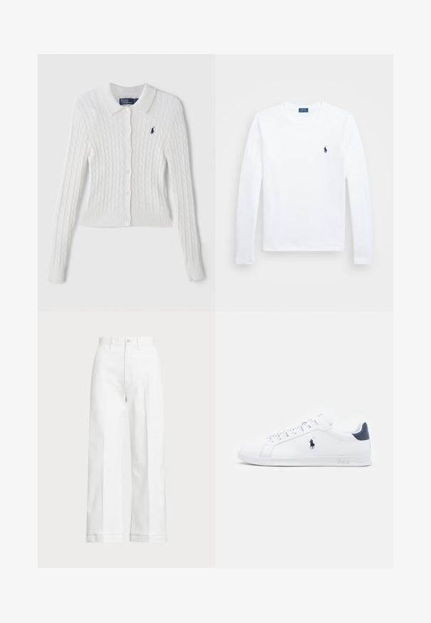 Λευκό καρδιοκαλτσάκι με γιακά, με κουμπιά μπροστά και ριμπ μανσέτες και στρίφωμα. Μικρό κεντημένο λογότυπο στην αριστερή πλευρά του στήθους.; Λευκό πουκάμισο με μακριά μανίκια, από βαμβακερό υλικό, με στρογγυλή λαιμόκοψη, διαθέτει μικρό σκούρο μπλε λογότυπο στο αριστερό στήθος. Απλός σχεδιασμός, κανονική εφαρμογή.; Λευκό παντελόνι σε φαρδύ σχέδιο με ψηλή μέση, που διαθέτει κλείσιμο με κουμπί και διακριτές ραφές. Κατασκευασμένο από βαμβάκι με λεία υφή.; Λευκά δερμάτινα sneakers με λεία επιφάνεια, ναυτικά στοιχεία και μικρό λογότυπο στο πλάι. Διαθέτουν επίπεδα κορδόνια και υφασμένη σόλα από καουτσούκ.