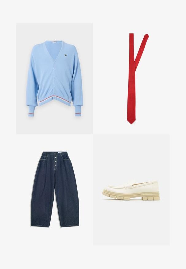 Lys blå cardigan med V-formet halsudskæring, knaplukning og ribbede manchetter. Bemærkelsesværdige røde og hvide stribede detaljer ved kanten og manchetterne. Lacoste-logoet er til stede.; Mørkeblå denim cropped jakke med spidse krave, to frontlommer og sølvfarvet knaplukning. Har synlige syningsdetaljer.; Mørkeblå denim bukser med brede ben og høj talje, fem knaplukninger og fem lommer. Har stikninger som accent på sømmene.; Hvide læder loafers med en tyk beige gummisål, med en glat finish og en rem tværs over toppen. Minimalistisk design.; Seidensticker Slips - red