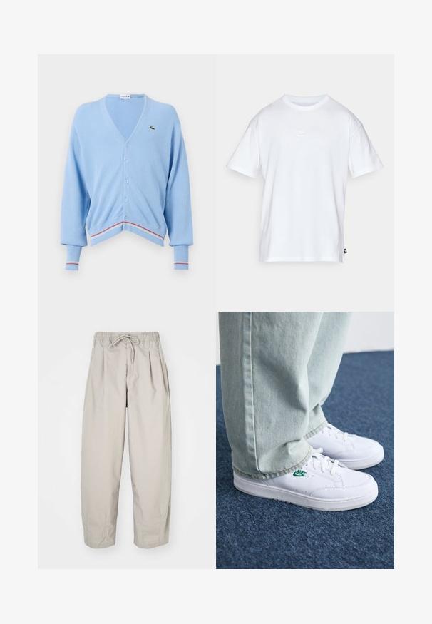 Hellblauer Cardigan mit V-Ausschnitt, Knopfverschluss und gerippten Bündchen. Auffällige rote und weiße Streifenakzente am Saum und den Bündchen. Lacoste-Logo vorhanden.; Weißes Baumwoll-T-Shirt mit kurzen Ärmeln und Rundhalsausschnitt. Verfügt über ein kleines, dezentes Nike-Logo auf der Brust und ein seitliches Etikett.; Beige, leichte Hose mit elastischem Bund und Zugband. Sie verfügt über Falten und eine lockere Passform, gefertigt aus weichem, glattem Stoff.; Weiße Leder-Sneaker mit grünem Nike-Logo, runde Zehenpartie, flache Sohle, kombiniert mit hellblauen Jeans, präsentiert auf einem blauen Teppich.