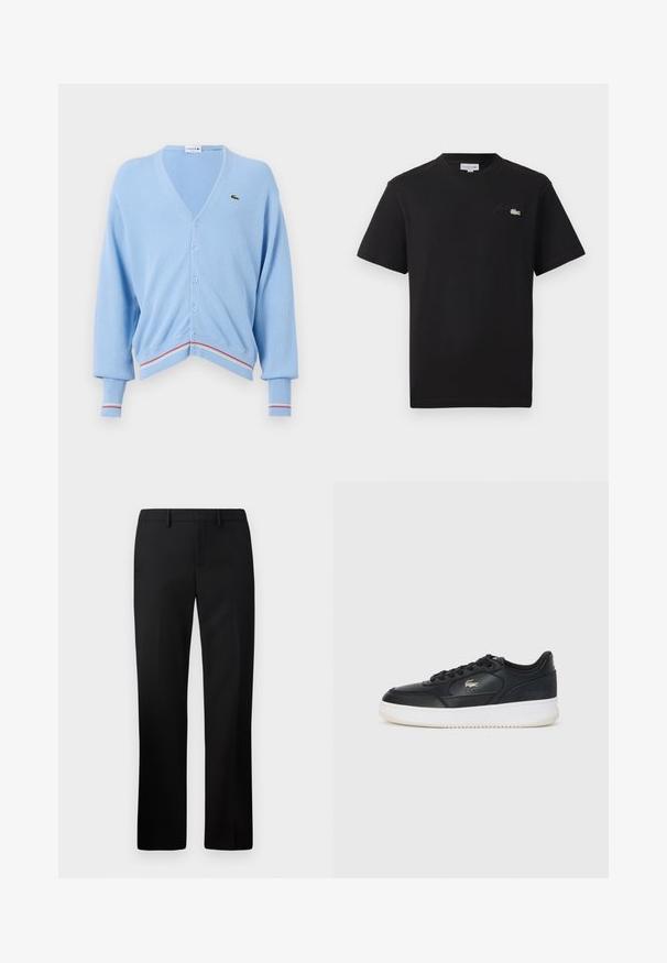 Világoskék kardigán V-kivágással, gombos záródással és bordázott mandzsettákkal. Figyelemre méltó piros és fehér csíkozás a szegélyen és a mandzsettákon. Lacoste logóval ellátva.; Fekete pamut póló kerek nyakkivágással. Kicsi zöld és fehér hímzett Lacoste logó található a mellrészen. Rövid ujjú, normál szabású.; Fekete, egyenes lábú szabott nadrág, sima anyagból készült. Jellemzői közé tartozik a lapos eleje és a közepes magasságú derékszíj.; Fekete bőrsportcipő fehér talppal, lekerekített orral, fűzős kivitelben, és diszkrét logóval az oldalon. Texturált felsőrész kiemelésekkel.