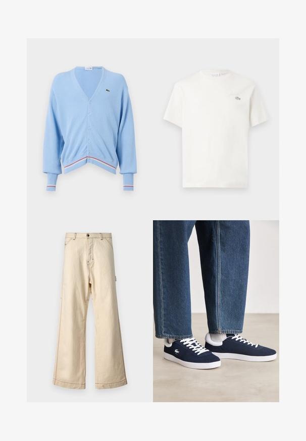 Light blue cardigan with a V-neck, button closure, and ribbed cuffs. Notable red and white stripe accents at the hem and cuffs. Lacoste logo present.; White cotton t-shirt with short sleeves, featuring a subtle embroidered logo and minimalistic design. Soft texture, crew neckline.; Beige wide-leg trousers made of cotton with a zip and button closure, featuring contrasting stitching and side pockets.; Blue canvas sneakers with white laces and rubber soles, displayed with denim trousers and grey ribbed socks, on a light grey surface.
