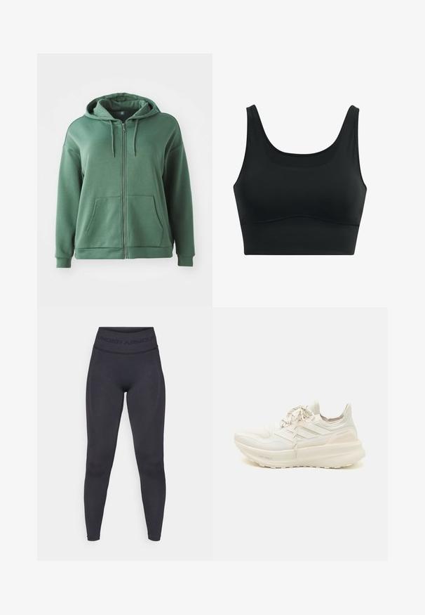 Green zip-up hoodie made of soft fabric. Features a hood, two front pockets, and long sleeves with ribbed cuffs. Smooth texture and simple design.; Black sports bra made of smooth fabric, featuring a scoop neck, wide straps, and seamless design with a curved hemline.; Black leggings with a high elastic waistband featuring "UNDER ARMOUR" text. Smooth texture with subtle pattern accents along the legs.; White athletic shoe featuring a textured upper, three-stripe design, light cushioning, and a split-color heel accent. Lightweight sole technology.