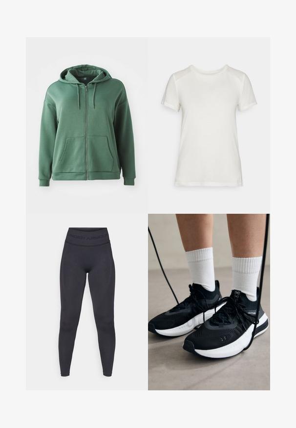 Vihreä vetoketjullinen huppari, joka on valmistettu pehmeästä kankaasta. Siinä on huppu, kaksi etutaskua ja pitkät hihat ribbikankaasta. Sujuva pinta ja yksinkertainen muotoilu.; Valkoinen lyhytninjainen t-paita pehmeästä kankaasta, jossa on pyöreä kaula-aukko ja rento istuvuus sekä sujuvat, saumattomat hartiat.; Mustat legginssit, joissa on korkea elastinen vyötärö, jossa on "UNDER ARMOUR" -teksti. Sujuva pinta, jossa on huomaamattomia kuviointikorostuksia jaloissa.; Mustat urheilukengät, joissa on teksturoitua kangasta, valkoiset pohjat ja mustat nauhat. Yhdistetty valkoisten urheilusukkien kanssa, seisten vaalealla pinnalla.