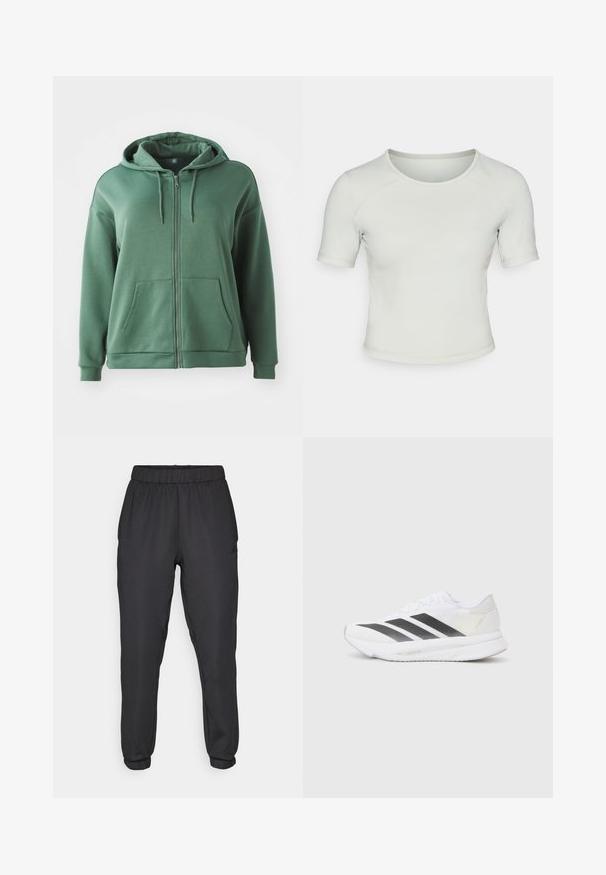 Grøn zip-up hoodie lavet af blødt stof. Har en hætte, to forlommer og lange ærmer med ribbede manchetter. Glat tekstur og enkelt design.; Lys grøn kortærmet tætsiddende t-shirt med rund halsudskæring, glat tekstur og et diskret logo på fronten til venstre.; Sorte atletiske joggers med elastisk talje og manchetter. Glat tekstur, med et logo på siden og tætsiddende pasform.; Hvide sportsko med sorte diagonale striber, mesh-overdel, rund tå og tekstureret sål. Accenter inkluderer en sølv hæl og et minimalistisk design.