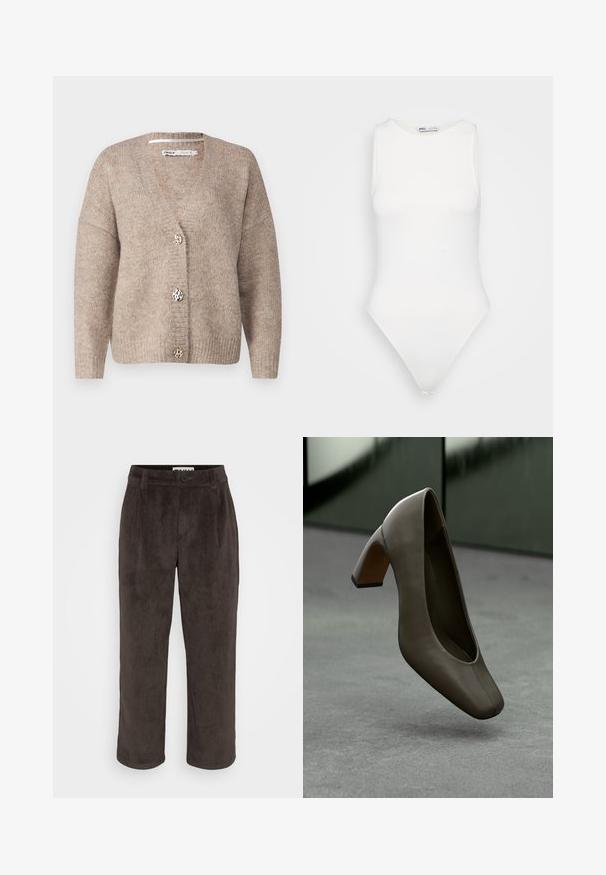 Bézs kardigán V-kivágással, hosszú ujjakkal és három díszgombbal, amely leopárdmintás. Puha kötött textúra az egész anyagon.; Fehér ujjatlan body, magas nyakkivágással és tanga szabással. Simább textúra és testhez álló siluett, amely formás megjelenést biztosít.; Barna kordbársony nadrág, egyenes fazonnal, finom textúrával, elülső gombos záródással és oldalsó zsebekkel.; Sötét olíva zöld bőrből készült, négyzet alakú orrú, tömbsarkú magassarkú cipő, amely lebeg egy szürke betonpadlón, elmosódott zöld háttér előtt.