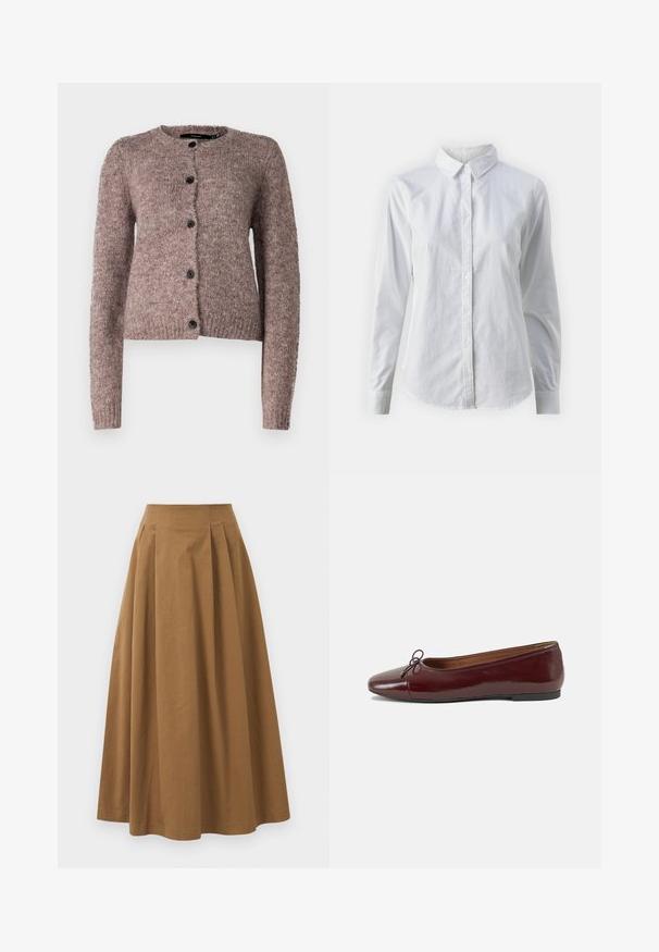 Vero Moda VMNOVAH LS O-NECK BUTTON NOOS - Casaco de malha - brown; Camisa branca de botão feita de algodão suave, com colarinho clássico, mangas longas e bainha curva. Os botões são pequenos e brancos.; Saia A-line de algodão castanho com cintura alta, apresentando pregas na parte da frente e uma textura suave. As bordas da bainha são limpas e simples.; Bailarinas em couro sintético borgonha com bico redondo, pequeno laço na frente e sola baixa em borracha preta. Textura suave.