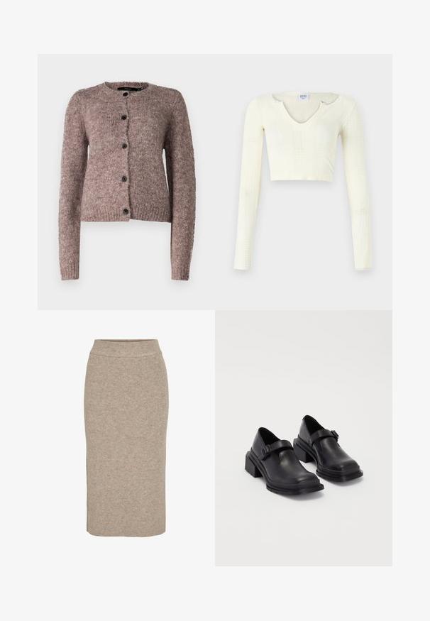 Vero Moda VMNOVAH LS O-NECK BUTTON NOOS - Cardigan - brown; Crop top in off-white knit material. Long sleeves with ribbed texture and small cut-out details around the neckline.; Knit pencil skirt in light beige, featuring a ribbed texture, high waist, and slim fit. Hem falls below the knee.; Black leather shoes with a rounded toe, flat sole, and a strap with a buckle detail. Chunky block heel for added stability.