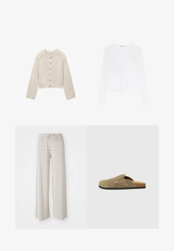 Beige kötött kardigán hosszú ujjakkal, az elején öt fa gombbal, kerek nyakkivágással és bordázott mandzsettával és aljjal.; Fehér, hosszú ujjú felső, kerek nyakkal. Feszes fazon, sima anyagtextúra és enyhén cropped szabás jellemzi.; Széles szárú nadrág könnyű anyagból, bézs és fehér vízszintes csíkokkal. Rugalmas derékpánt húzózsinórral.; Olívazöld színű, velúr papucs klumpa stílusban, keskeny pánttal és fém csat részlettel. Parafa talppal és fekete gumitalppal rendelkezik.