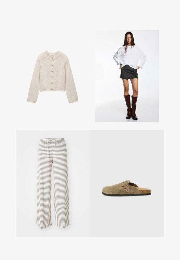 Beige kötött kardigán hosszú ujjakkal, az elején öt fa gombbal, kerek nyakkivágással és bordázott mandzsettával és aljjal.; Fehér túlméretezett pulóver kerek nyakkal, sötétszürke miniszoknyával párosítva. Térdig érő barna bőr csizma vastag sarokkal.; Széles szárú nadrág könnyű anyagból, bézs és fehér vízszintes csíkokkal. Rugalmas derékpánt húzózsinórral.; Olívazöld színű, velúr papucs klumpa stílusban, keskeny pánttal és fém csat részlettel. Parafa talppal és fekete gumitalppal rendelkezik.