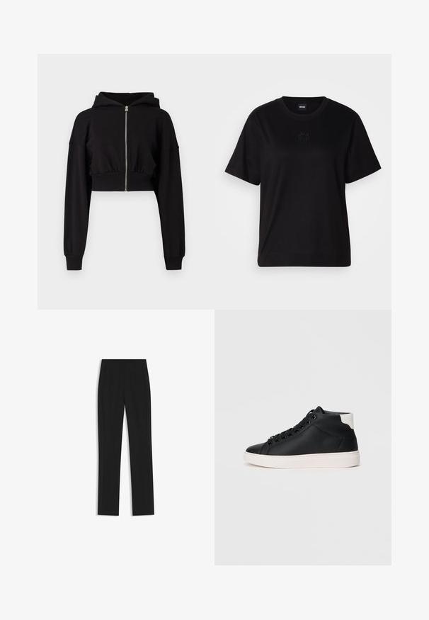 Black cropped hoodie made of soft material with a full zipper, long sleeves, and ribbed cuffs. Features a drawstring hood for adjustment.; Black cotton t-shirt with a crew neckline, short sleeves, and an embroidered logo on the chest. Simple, relaxed fit with no patterns.; Black tailored trousers with a straight-leg design, featuring front pockets and a smooth, textured fabric. Neat, minimal detailing.; Black high-top sneaker made of smooth leather with white rubber sole, featuring round laces, a padded collar, and a contrasting heel accent.