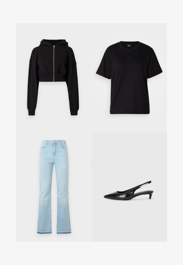 Sweatshirt cropped preto feito de material suave, com fecho éclair completo, mangas longas e punhos canelados. Apresenta um capuz com cordão para ajuste.; T-shirt de algodão preto com decote redondo, mangas curtas e um logótipo bordado no peito. Corte simples e descontraído, sem padrões.; Jeans flare azul claro feitos de denim, com uma cintura alta, bolsos frontais e uma bainha desgastada nas bainhas para um look casual.; Saltos slingback em couro preto com bico fino, apresentando um salto esguio e um detalhe em tom dourado na alça ajustável. Textura suave.