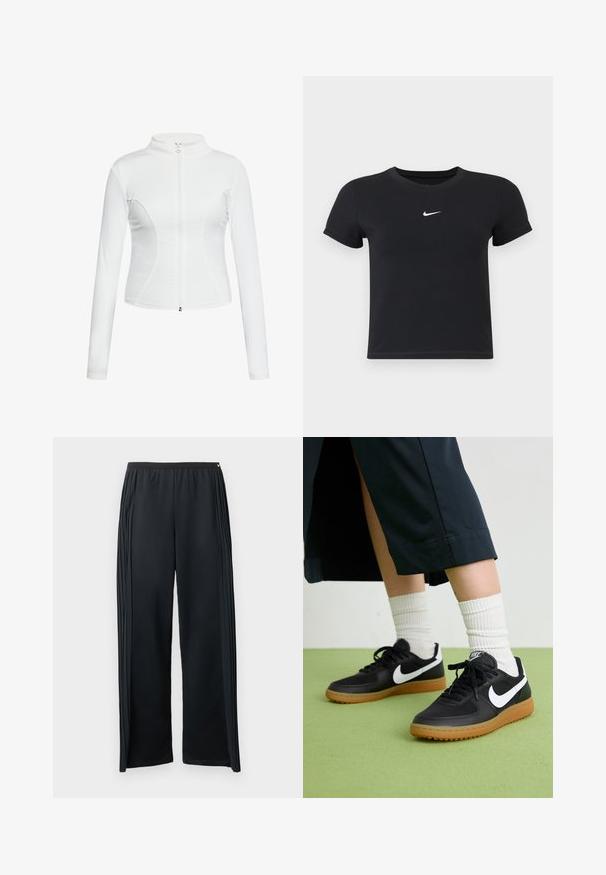 Valge tõmblukuga jope pikkade varrukatega, siledast materjalist, keha lähedane disain ja kaarjad õmblused külgedel.; Must have lühikeste varrukatega must t-särk, mis on valmistatud puuvillast ja millel on ümar kaelus. Ees on valge Nike logo, minimaalne disain ja sobiv kuju.; Mustad sportpüksid, mis on valmistatud pehmest kangast, laiade sääreosadega, elastse vöökohaga ja külgedel vertikaalsete voltidega.; Mustad nahast ja sünteetilised sneekerid valge Nike logoga, kummist gumme, ümar nina ja mustad paelad. Näha ribakujulisi valgeid sokke.