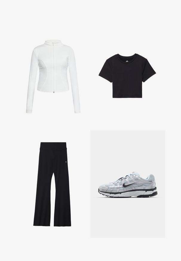 Bjela jakna sa zatvaračem na sredini, dugim rukavima, glatkom teksturom, uskim dizajnom i zakrivljenim šavovima sa strane.; Crna skraćena majica s kratkim rukavima, okruglim izrezom, izrađena od glatkog materijala. Minimalistički dizajn bez vidljivih uzoraka ili akcenata.; Crne razrađene joge hlače od rastezljivog materijala, s širokim pojasom i malim logom blizu boka. Glatka tekstura, bez uzoraka.; Nike P-6000 tenisice sa svijetlosivom mrežastom gornjištu, crnim akcentima i izdržljivom crnom gumenom potplatu. Sadrže složen dizajn i sustav vezivanja.