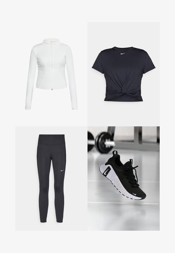 Valge tõmblukuga jope pikkade varrukatega, siledast materjalist, keha lähedane disain ja kaarjad õmblused külgedel.; Mustmust musta sportlik T-särk, mis on valmistatud sujuvast kangast, millel on sõlmega esikülg ja väike valge Nike logo rinnal.; Mustad mustadest leggingid, mis on valmistatud venivast kangast, kõrge vöökoha ja valge Nike logo abil vasakul reiel. Sile tekstuur, keha järgiv disain.; Must spordijalats, millel on tekstureeritud kangast pealmine osa, valge tallaga ja silmatorkava paelasüsteemiga. Omab Nike logo ning pehme ja polsterdatud disain.