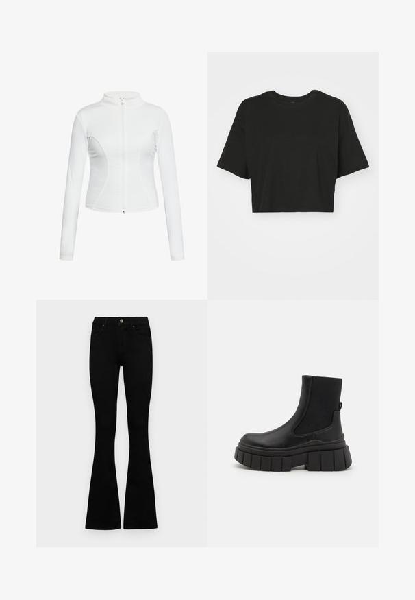Fehér, cipzáros dzseki hosszú ujjal, sima textúrával, karcsú szabással és ívelt varrás részletekkel az oldalán.; Fekete, rövidített fazonú póló, puha pamutból készült. Kerek nyakú, rövid ujjú, lazán illeszkedő fazonú, minták vagy díszítések nélkül.; Fekete, magas derekú farmernadrág gomb- és cipzárzárral, elülső zsebekkel és harangszárral, laposan egy fehér háttérre terítve.; Fekete bokacsizmák sima bőrből, elasztikus oldalsó panelek, vastag platform talp és texturált bordázatú talpszerkezettel.