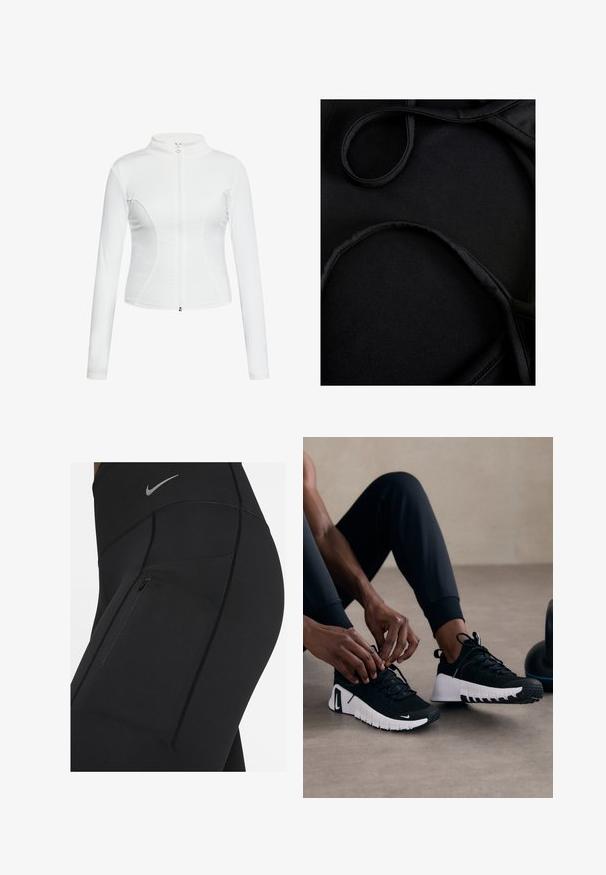 Chaqueta blanca con cremallera, de manga larga, textura suave, diseño ajustado y costuras curvas a lo largo de los lados.; Tejido de traje de baño negro con textura suave, tirantes curvados y costuras planas, diseñado para ofrecer comodidad y flexibilidad durante su uso.; Mallas negras de talle alto fabricadas con material elástico, con un bolsillo con cremallera y costuras en contraste. Logo plateado de Nike en la cintura.; Zapatillas deportivas negras con parte superior texturizada en negro, suela blanca y banda de goma. Los cordones están atados, mostrando un diseño elegante y el logo.